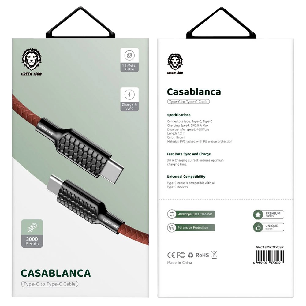 کابل شارژ USB-C به USB-C گرین لاین کازابلانکا Casablanca طول 1.2 متر توان 3 آمپر